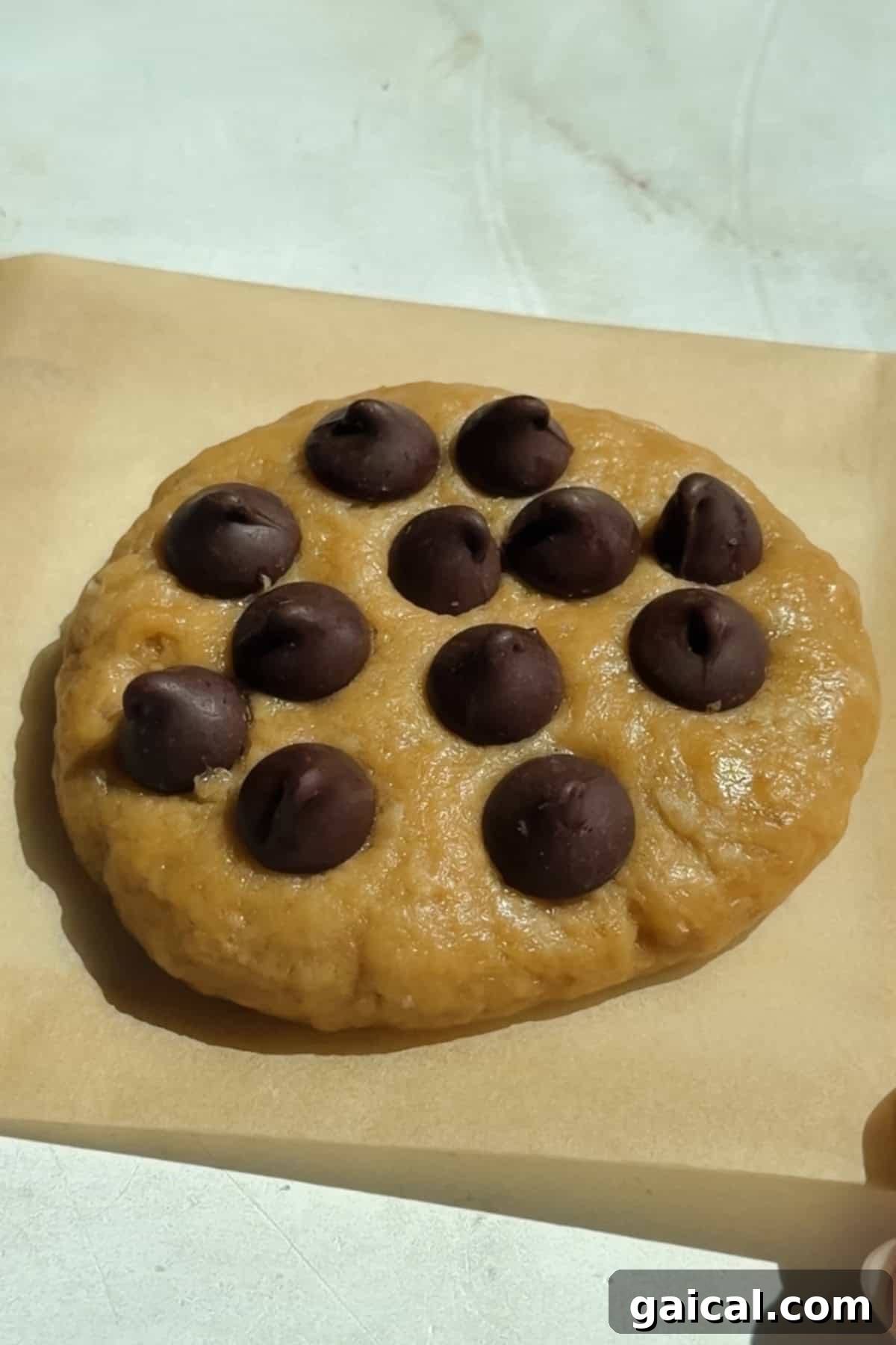 A round piece of cookie dough topped with chocolate chips sits on a sheet of parchment paper.