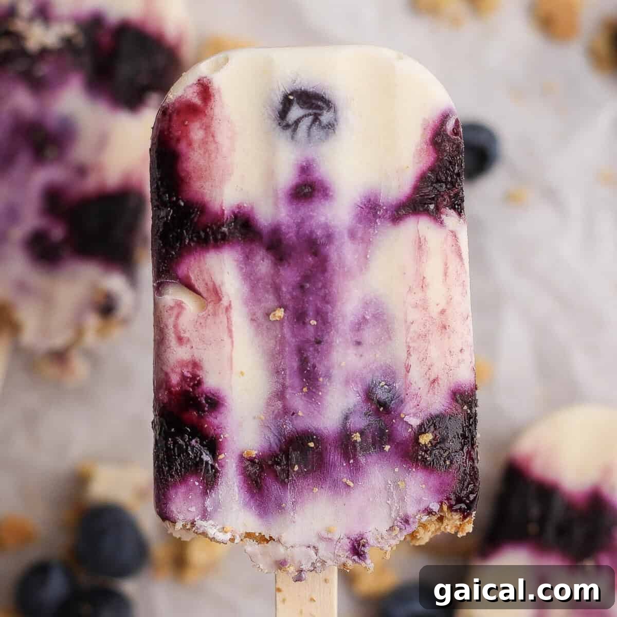 Close-up of a blueberry and cream popsicle with visible fruit swirls and a crumbly base, held upright on a wooden stick.