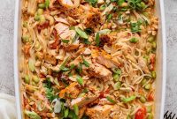 Salmon Noodle Casserole with Chili Crunch and Boursin