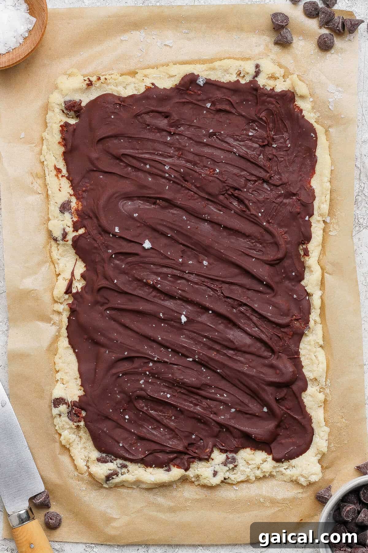 whole slab of cottage cheese cookie dough bark topped with chocolate and sea salt