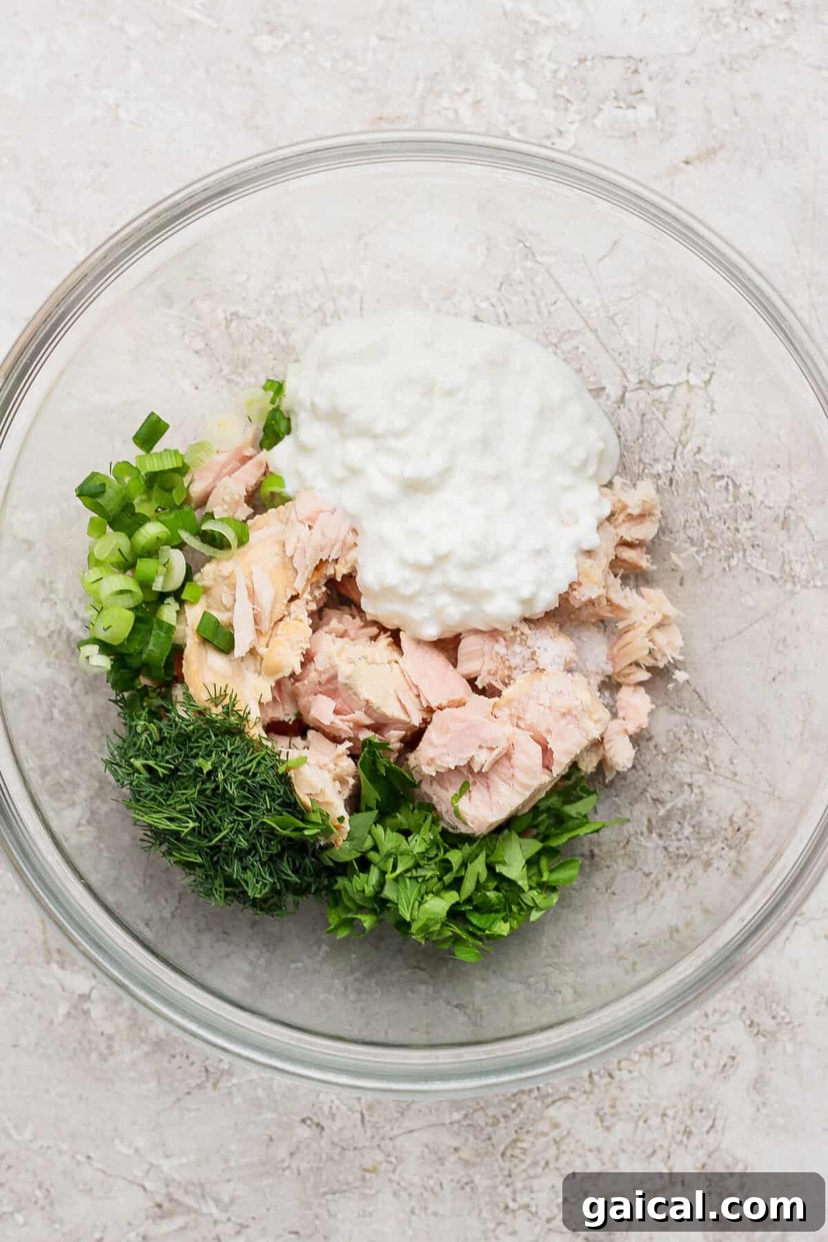Tuna Melt with Cottage Cheese, No Mayo 3 tuna cottage cheese and fresh herbs in mixing bowl