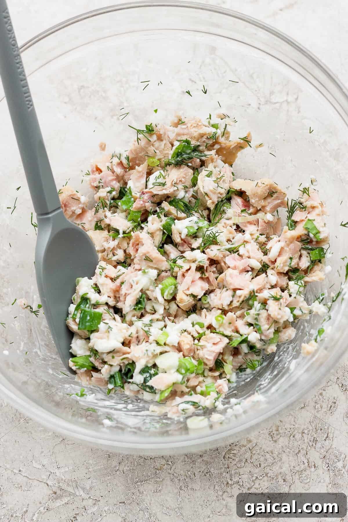 Tuna Melt with Cottage Cheese, No Mayo 4 cottage cheese tuna salad mixed in glass bowl