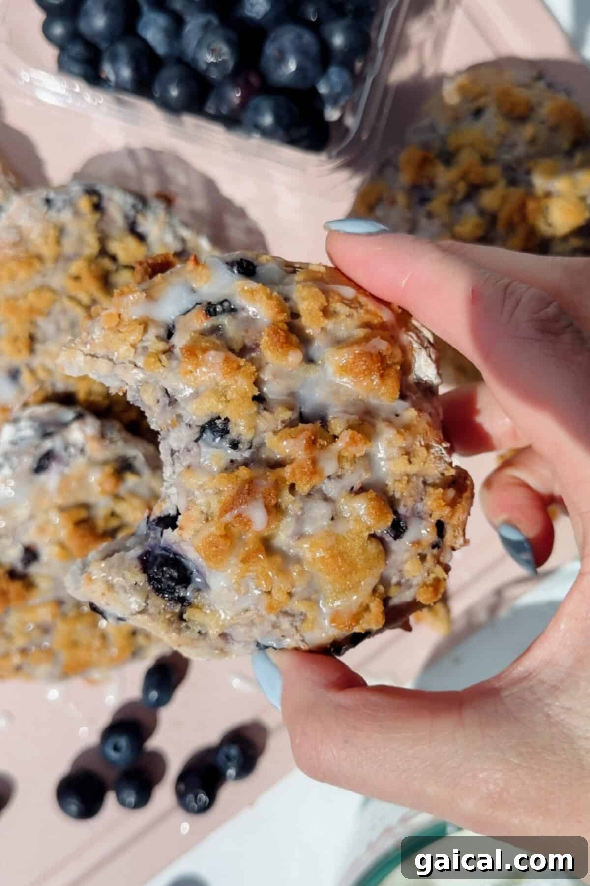 Warm Blueberry Cottage Cheese Biscuits with Streusel 2 hand holding a blueberry cottage cheese biscuit with a bite taken out showing fluffy interior