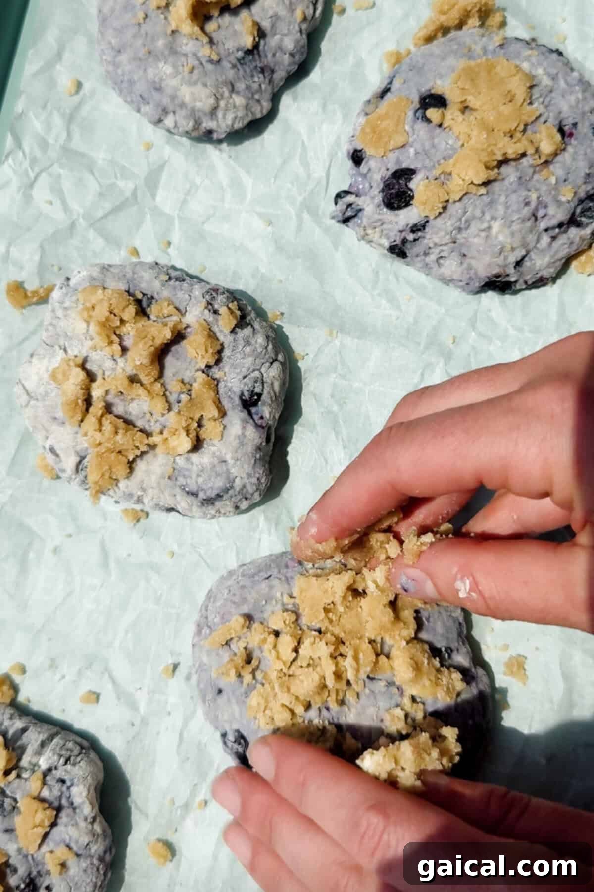 Warm Blueberry Cottage Cheese Biscuits with Streusel 5 hand sprinkling streusel topping onto unbaked blueberry cottage cheese biscuits on parchment paper