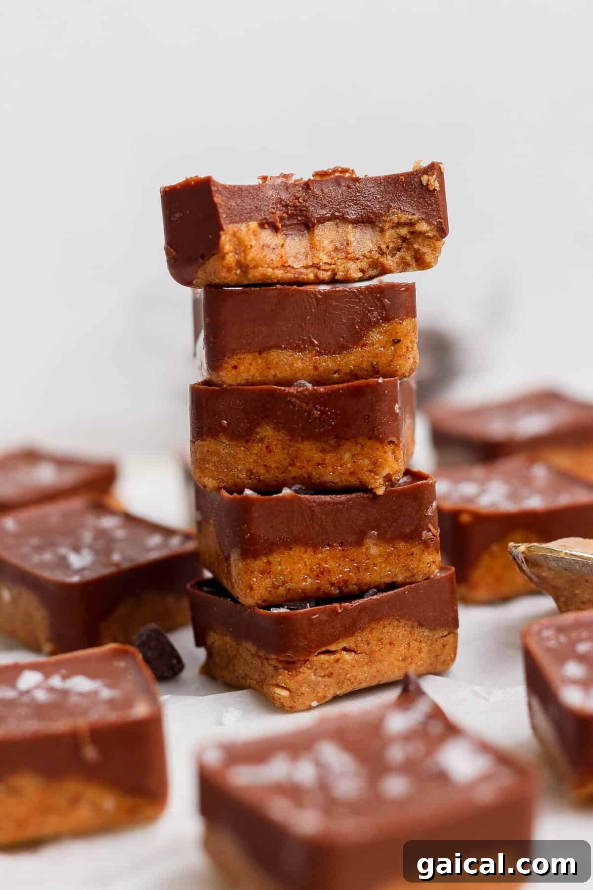 No-Bake Thin Mint Protein Bites 2 stacked thin mint protein bites with a bite taken out showing fudgy interior texture