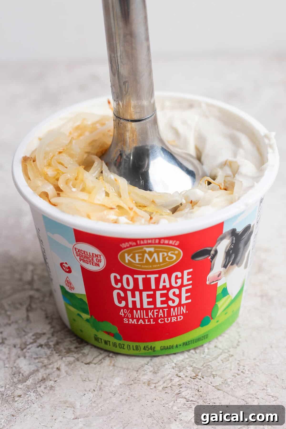 Soft golden onions added to smooth blended cottage cheese dip before pulsing.