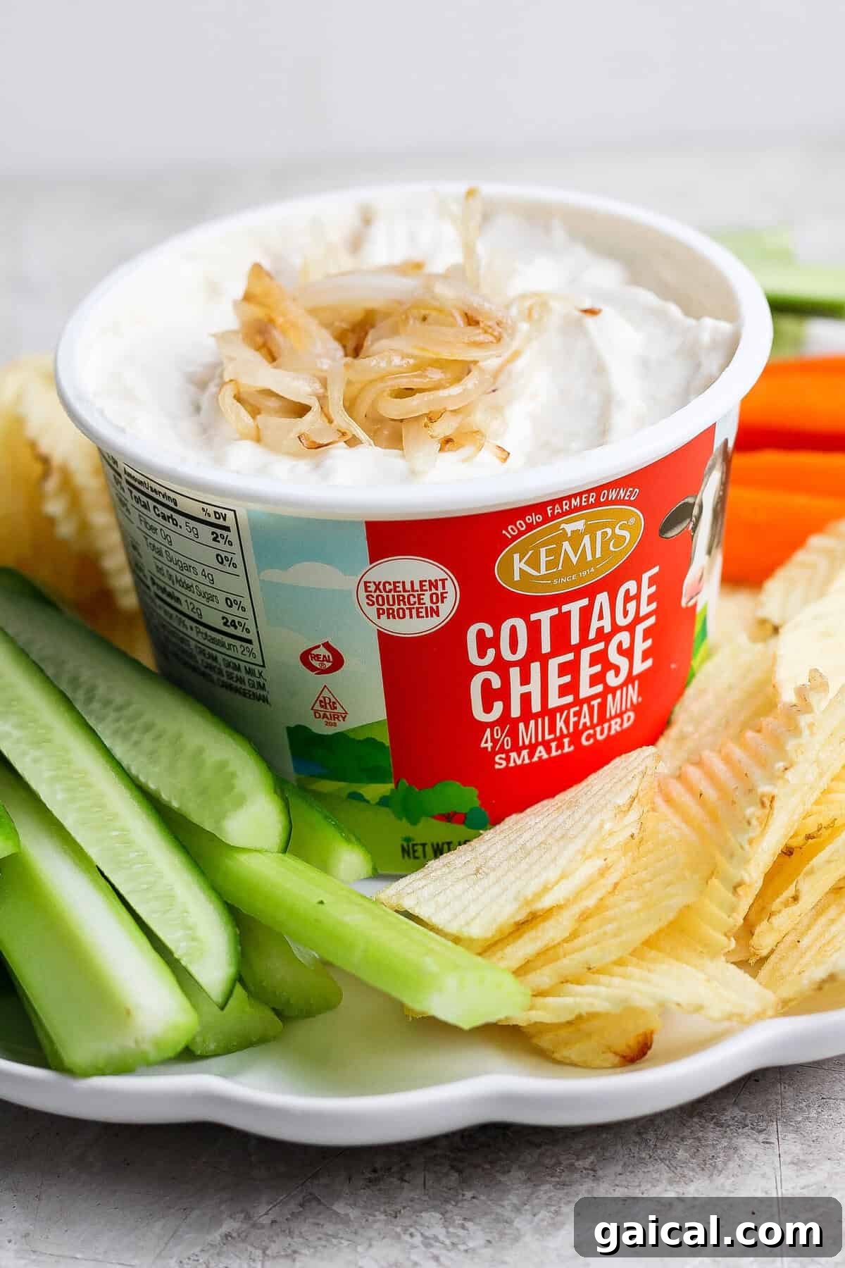 Finished cottage cheese French onion dip topped with golden onions and served in the cottage cheese container with potato chips and celery.